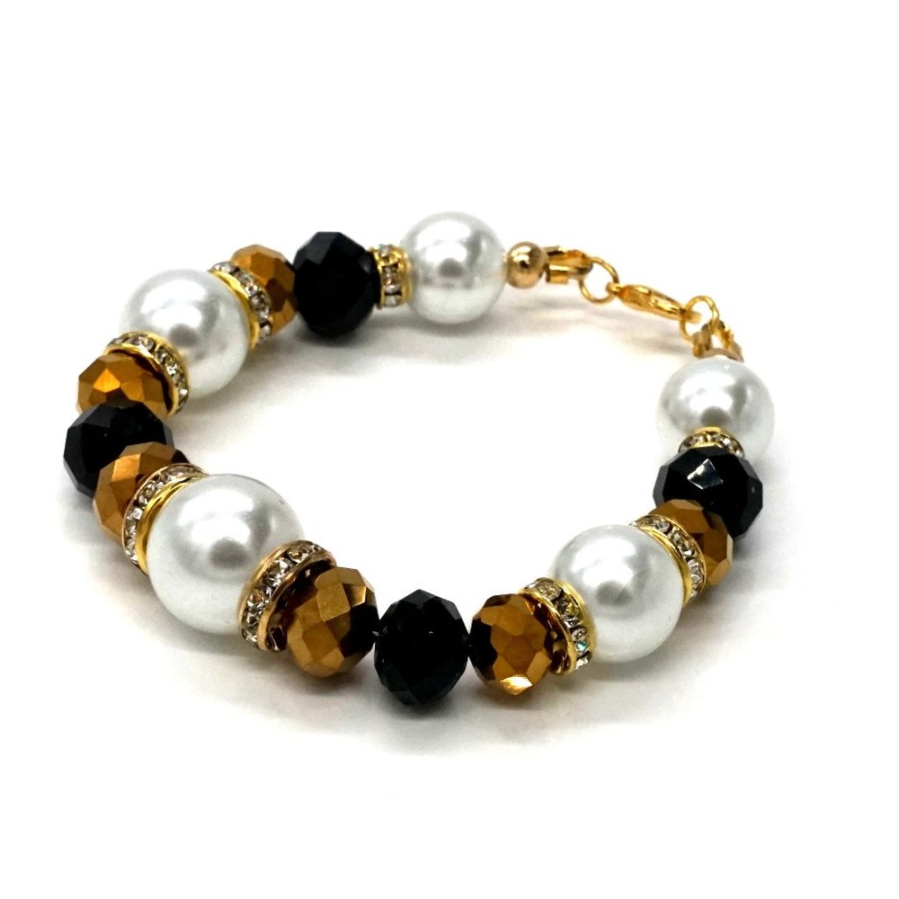 Bracelet Pearls Crystals Lobster Clasp Gold Brown Rhinestones Lobster C… - Picture 1 of 1